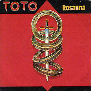 Album cover of Toto's 'Rosanna' with a gold symbol on a red background